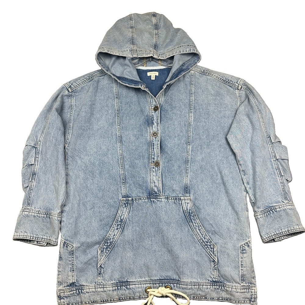Pilcro Antropologie Denim Pullover Top Jacket Hooded Women's L/XL Pockets Snap - Picture 2 of 13